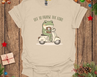 Christian T-Shirt,Unisex Garment-Dyed Tee,Funny Frog Off To Praise The Lord,Bible Study Shirt,Jesus Church Faith Humor,Unique Christian Gift