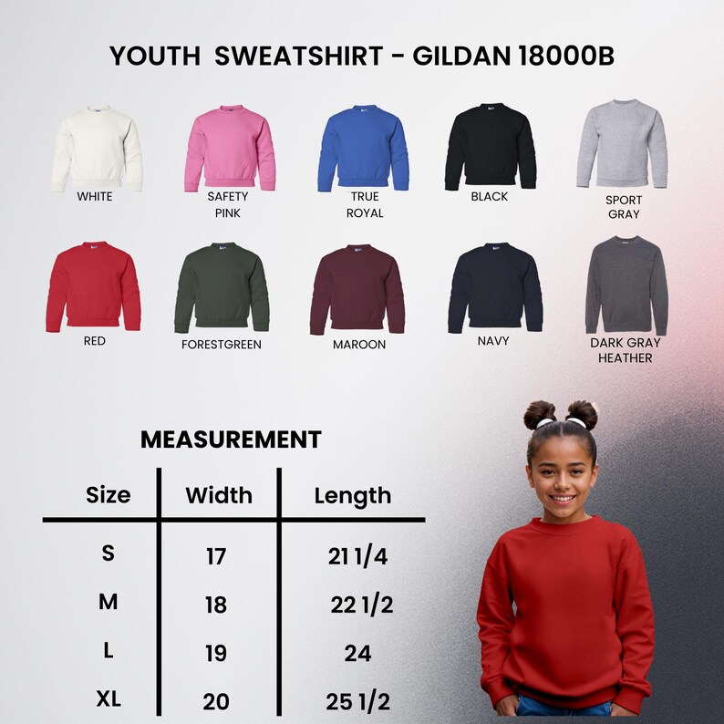 Puede incluir: Una sudadera roja juvenil, de la colecci&oacute;n Gildan 18000B, se muestra en la imagen. La imagen tambi&eacute;n muestra una tabla de tallas con medidas en cm y una tabla de colores con opciones como blanco, rosa y negro.