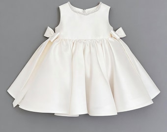 Elegant Ivory Satin Flower Girl Dress - Big Back Bow Rhinestone Neckline
