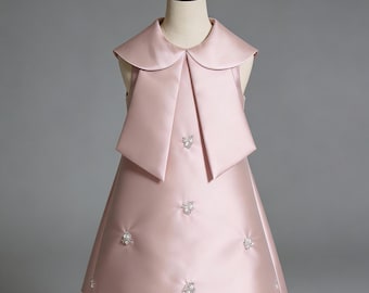 Sweet Floral Pink Satin A-Line Flower Girl Dress with Peter Pan Collar