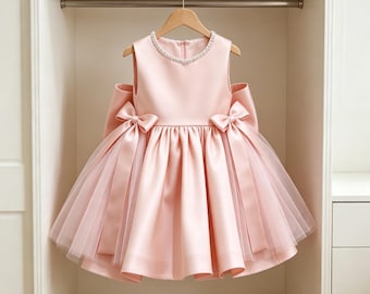 Pink Satin Flower Girl Dress with Pearl Neckline & Bow