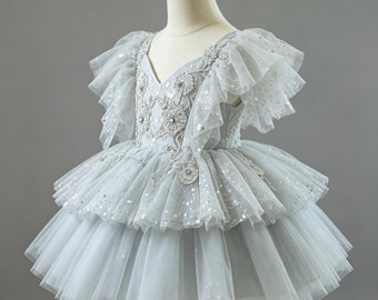 Silver Grey Sparkle Tulle Flower Girl Dress with Beaded Embroidery