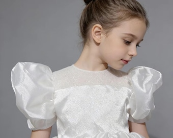 Witte elegante boog pofmouwen organza tule baljurk baljurk bloemenmeisjes