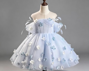 Vestido de tul azul claro con flores 3D y hombros descubiertos, vestido de princesa para niña pequeña.