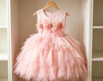 Vestido de niña de flores sin mangas color rosa melocotón con flores de cuentas en 3D