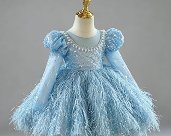 Ice Blue Feather Flower Girl Dress