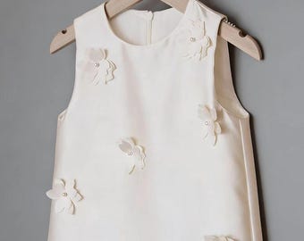 Ivory Satin A-Line Sweet Floral Design Flower Girl Dress