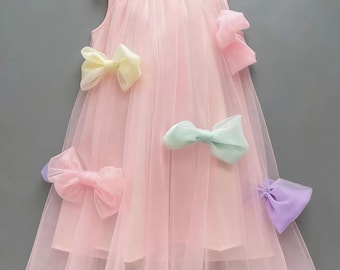 Pastel Pink Tulle Dress with Colorful Bow Accents | Flower Girl Dress