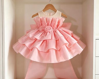 Blush Pink Ruffle Tiered Bow Flower Girl Dress
