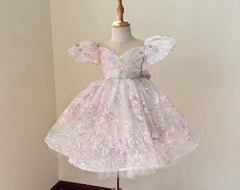 Blush Pink Sequin Flower Girl Dress, Puff Sleeve Toddler Party Gown