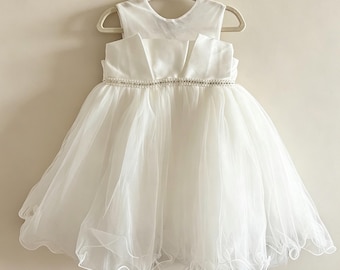 White Satin & Tulle Flower Girl Dress with Pearl Waistband