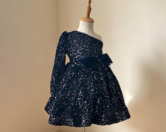 Dark Navy Velvet Sequin Off Shoulder Flower Girl Dress