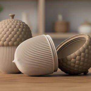Può includere: Tre contenitori beige a forma di ghianda. Uno è intero, con un cappuccio strutturato e una base a coste. Un altro è aperto, rivelando l'interno. Il terzo è il coperchio, con una superficie strutturata.