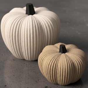 Può includere: Due zucche decorative in crema e beige con steli neri. Le zucche hanno una consistenza a coste e sono di diverse dimensioni. Ideali per l'arredamento autunnale.