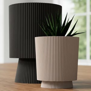 Può includere: Due moderne fioriere cilindriche con dettagli a coste verticali. Una è nera, l'altra beige e contiene una pianta succulenta verde. Le fioriere hanno una base a piedistallo e sono su una superficie di legno.