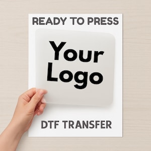May include: A white sheet of paper with the text "READY TO PRESS" and "DTF TRANSFER" in gray. A transparent square with the words "Your Logo" in black is held up by a hand.