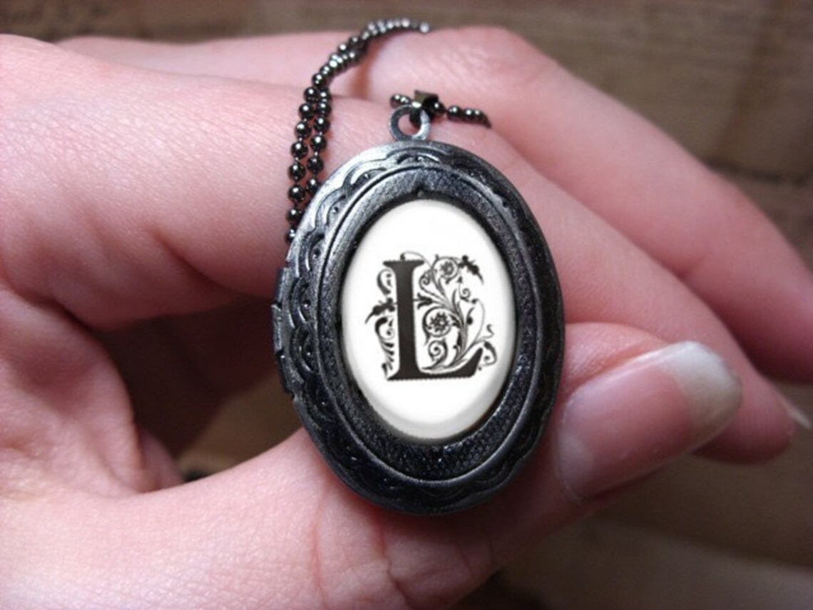 Personalized Locket Monogram Pendant Necklace Gunmetal Locket Etsy