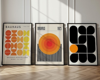 Zestaw plakatów wystawowych Bauhaus, sztuka do druku z połowy XX wieku