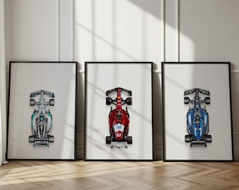 Plakat z bolidem Formuły 1, grafika ścienna z torem wyścigowym F1 (do pobrania cyfrowego)