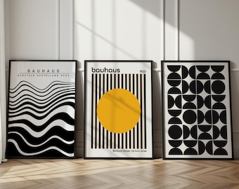 Zestaw plakatów wystawowych Bauhaus, sztuka do druku z połowy XX wieku