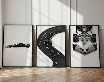 Plakat z bolidem Formuły 1, czarno-biały tor wyścigowy (do pobrania w wersji cyfrowej)