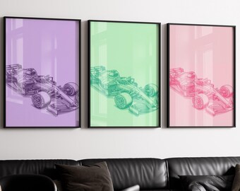 Plakat z bolidem Formuły 1, grafika ścienna z torem wyścigowym F1 (do pobrania cyfrowego)