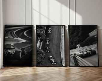 Plakat z bolidem Formuły 1, czarno-biały tor wyścigowy (do pobrania w wersji cyfrowej)