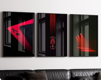 Plakat z bordowym bolidem Formuły 1, luksusowy zestaw 3 plakatów modowych, Hypebeast Decor