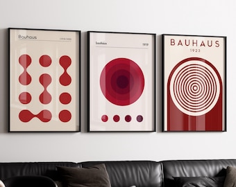 Zestaw wydruków artystycznych „Czerwony Bauhaus”, styl Mid-Century Modern (sztuka do druku)