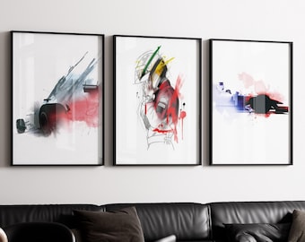 Plakat z bolidem Formuły 1, grafika ścienna z torem wyścigowym F1 (do pobrania cyfrowego)