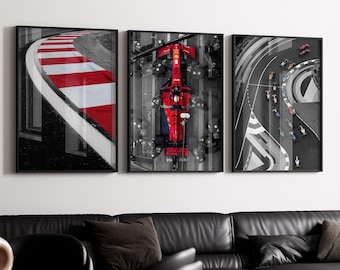 Plakat z bolidem Formuły 1, czarno-biały tor wyścigowy (do pobrania w wersji cyfrowej)