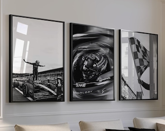 Plakat z bolidem Formuły 1, czarno-biały tor wyścigowy (do pobrania w wersji cyfrowej)