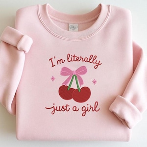 Borduurontwerp I&#39;m Letterally Just a Girl, borduurbestand kersenstrik, schattig vrouwelijk machineborduurpatroon