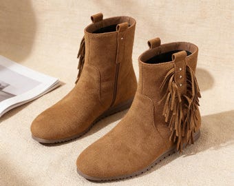 Botas marrones con flecos hechas a mano, botines de ante, estilo bohemio, para festivales, estilo hippie occidental, regalo vegano para ella.