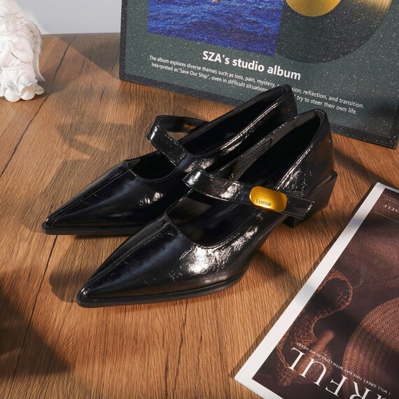 Handmade Black Patent Mary Jane Heels with Gold Buckle, Pointed Toe Comfort Shoes for Women, Elegant Mid Heel Shoes, Stylish Gift for Her