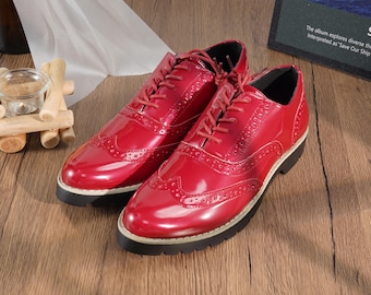 Handmade Red Oxford Shoes for Women, Vintage Brogue Leather Lace Up Flats with Chunky Sole, Stylish Casual Daily Wear Footwear Gift