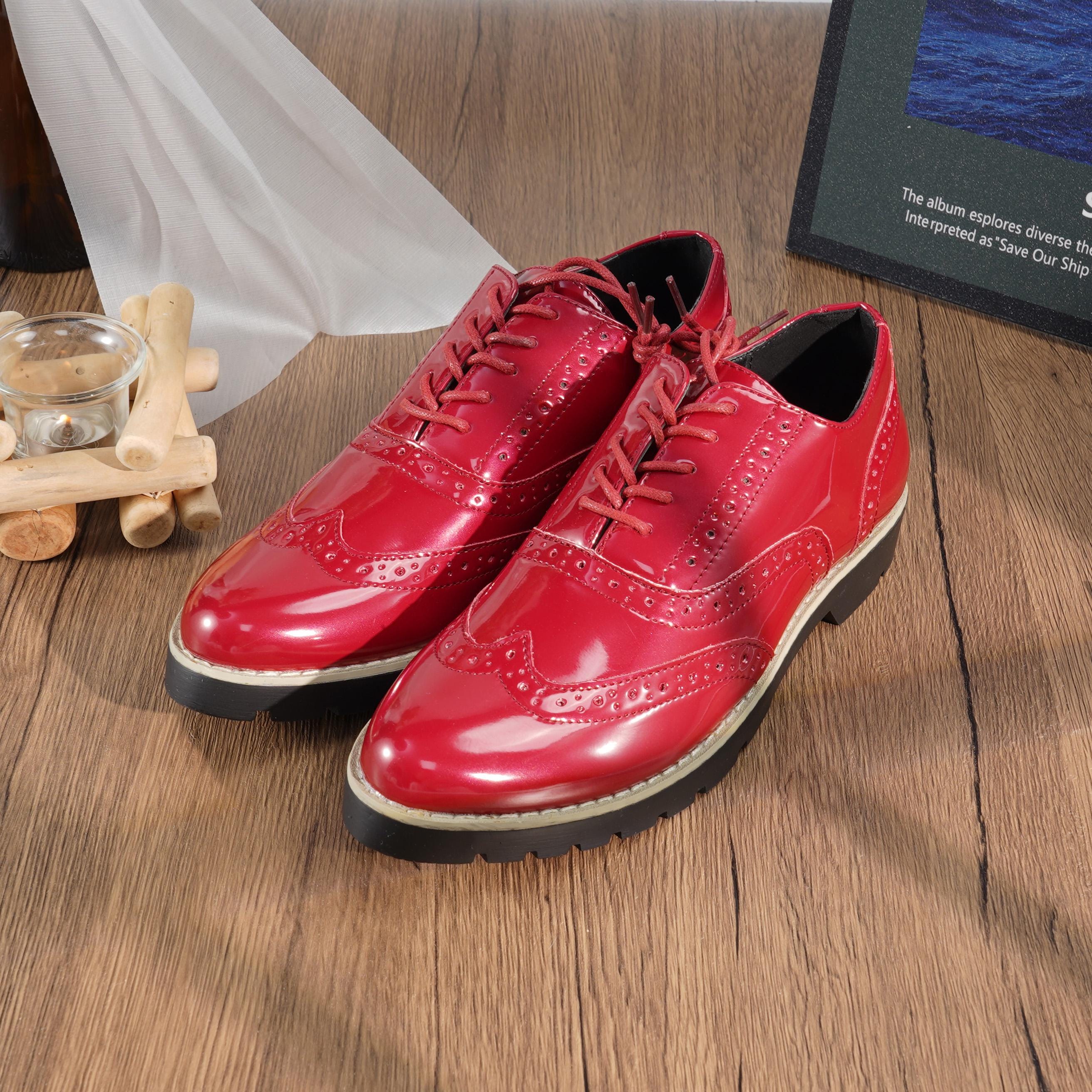 Handmade Red Oxford Shoes for Women, Vintage Brogue Leather Lace up Flats  With Chunky Sole, Stylish Casual Daily Wear Footwear Gift - Etsy