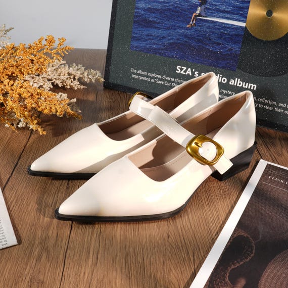 slim fit dress slacks Pretty Girls Cream Mary Jane Flats Vintage Style main image 1