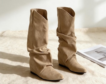 Handmade Brown Western Boots, Slouchy Knee High Shoes, Hidden Wedge Cowgirl Boot, Suede Tall Boots, Boho Festival Inner Height Gift