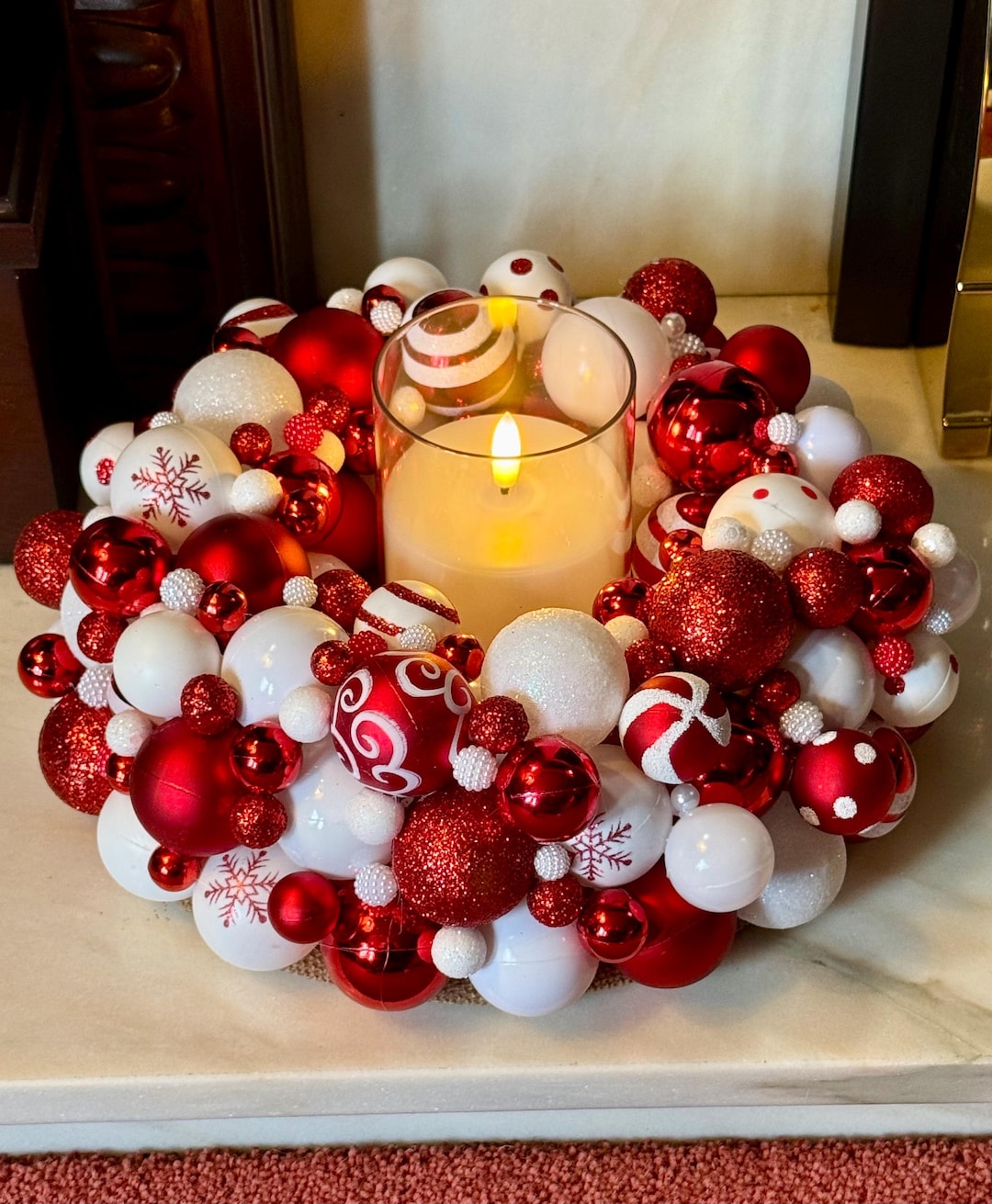 Red Candle Rings Handmade Luxury Red & White Bauble Candle Ring With LED Candle/elegant ...