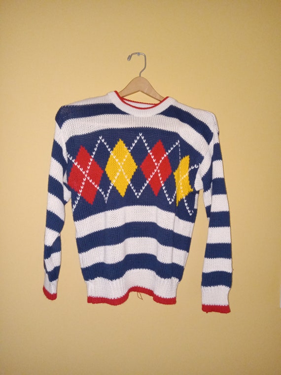 90s sweater stripes harlequin argyle clown corepr… - image 1