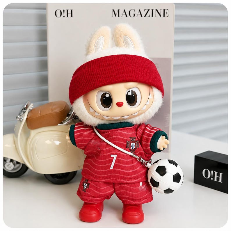 May include: A plush rabbit doll wearing a red beanie, a red football jersey with the number 7 and a crest, and matching red shorts. The doll has large eyes, a wide grin, and carries a small black and white football on a white strap.