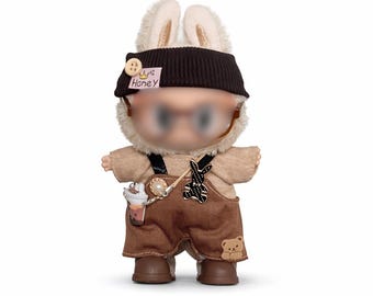 17 cm Brown Doll Outfit, Plush Doll Clothes Set, Vintage Style Top & Overalls, Collectible Toys Clothing