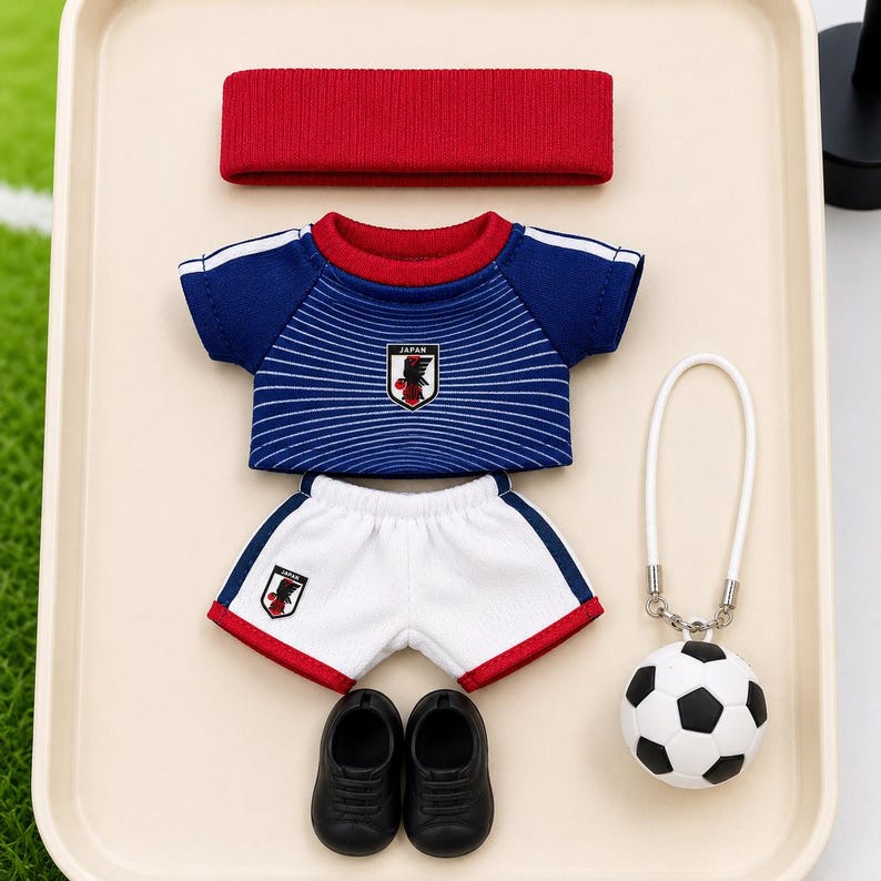 May include: A miniature football kit set comprising a blue striped shirt with a Japan crest, white shorts with red trim, a red headband, a pair of black shoes, and a small white and black football keychain with a white loop attachment.