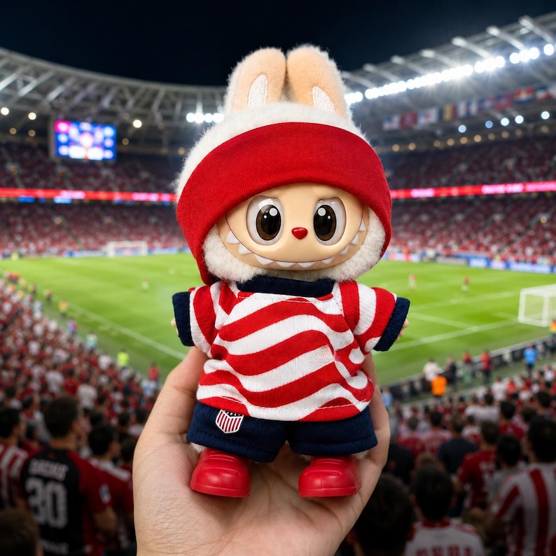 May include: A plush rabbit toy with large brown eyes and a wide toothy grin, wearing a red headband, a red and white striped shirt, and navy blue shorts with a small shield emblem on the leg, standing on bright red plastic shoes.
