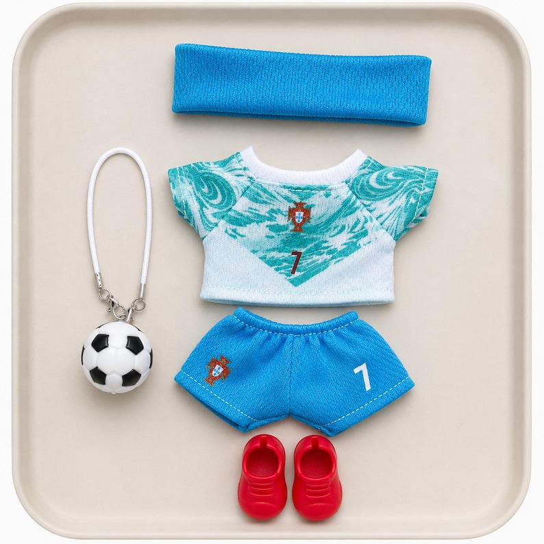 May include: A doll-sized football kit comprising a blue headband, a white and teal patterned jersey featuring the number 7, blue shorts with the number 7 and a crest, a pair of red shoes, and a small football keyring with a white loop.