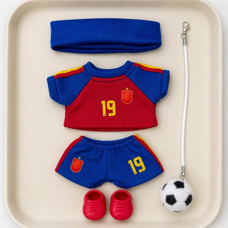 May include: A doll-sized football kit set including a blue headband, a red and blue short-sleeved jersey with the number 19 and a shield emblem, matching blue shorts with the number 19 and a shield emblem, red shoes, and a football keyring.