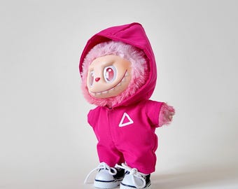 Conjunto de ropa para muñeca con mono rosa con capucha, compatible con Labubu de 1.ª, 2.ª y 3.ª generación, estilo videojuego.