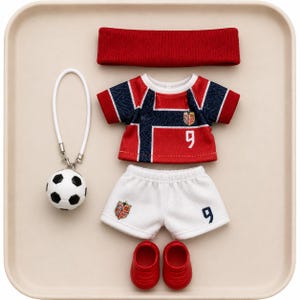 May include: A doll-sized football kit comprising a red, white and blue short-sleeved shirt featuring the number 9, white shorts with the number 9 and a crest, a red headband, a pair of red shoes, and a small football attached to a white loop.