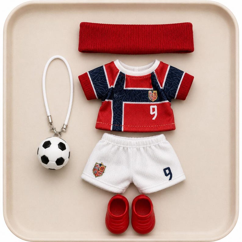 May include: A doll-sized football kit comprising a red, white and blue short-sleeved shirt featuring the number 9, white shorts with the number 9 and a crest, a red headband, a pair of red shoes, and a small football attached to a white loop.